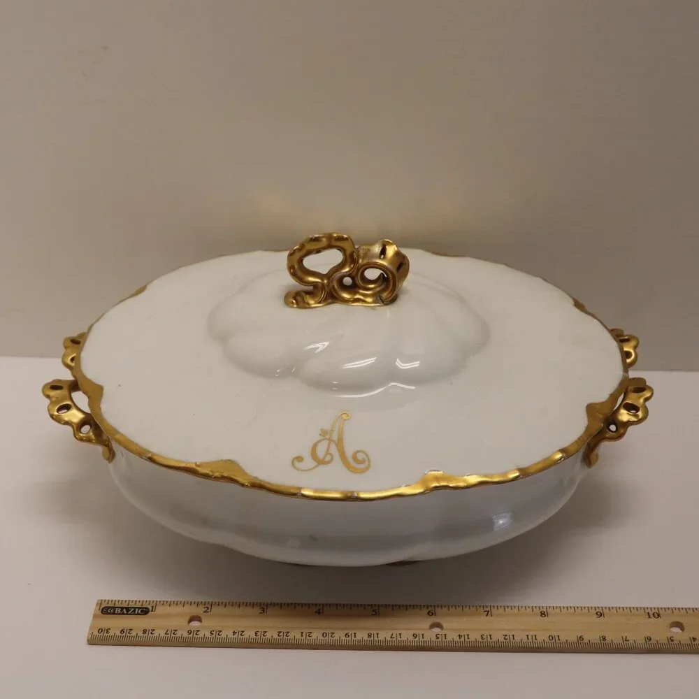 White Porcelain Bowl with‎ Lid that has the Letter A in Gold Versailles